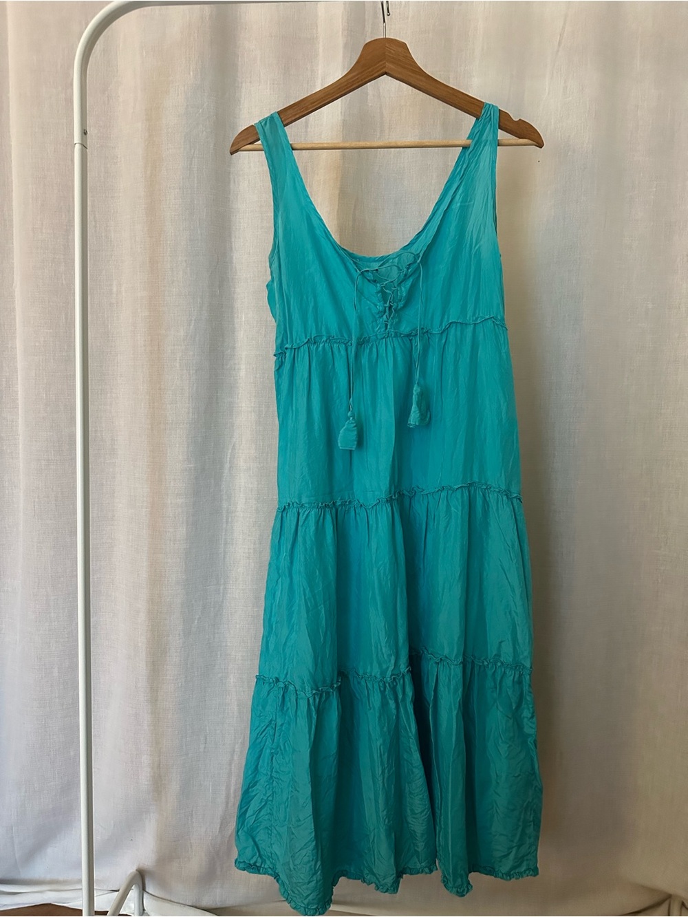 Vintage Silk Turquoise Tiered Midi Dress